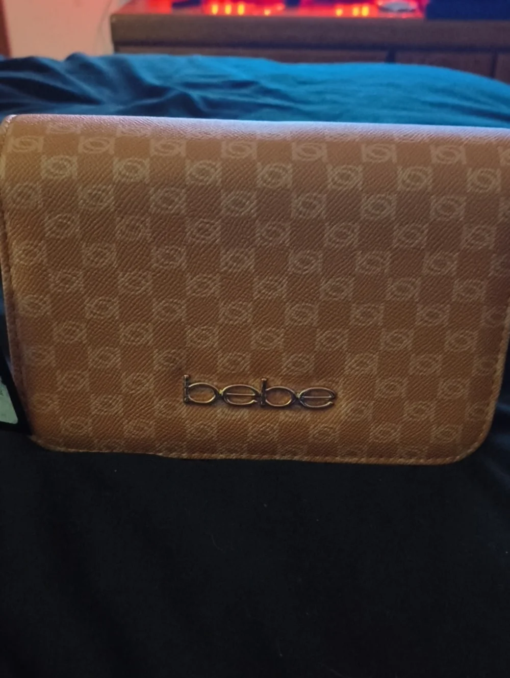 bebe Tan Textured Logo Crossbody Wallet